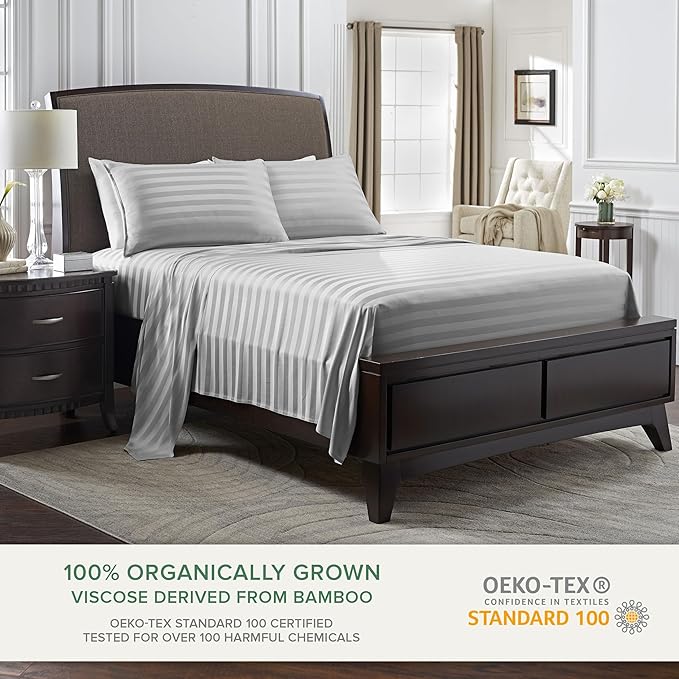 Pure Bamboo Queen Sheets, Genuine 100% Organic Viscose Derived from Bamboo Bed Sheet Set, Luxuriously Soft & Cooling, Double Stitching, 2 Year Quality Promise (Queen, Jacquard Silver)