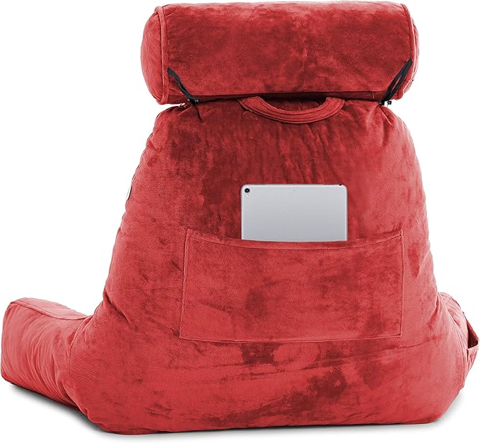 Husband Pillow Medium Red, Backrest for Kids, Teens, Petite Adults - Reading Pillows with Arms, Adjustable Loft, Plush Memory Foam, Bed Rest Chair for Sitting Up, Detach Neck Roll, Removable Cover