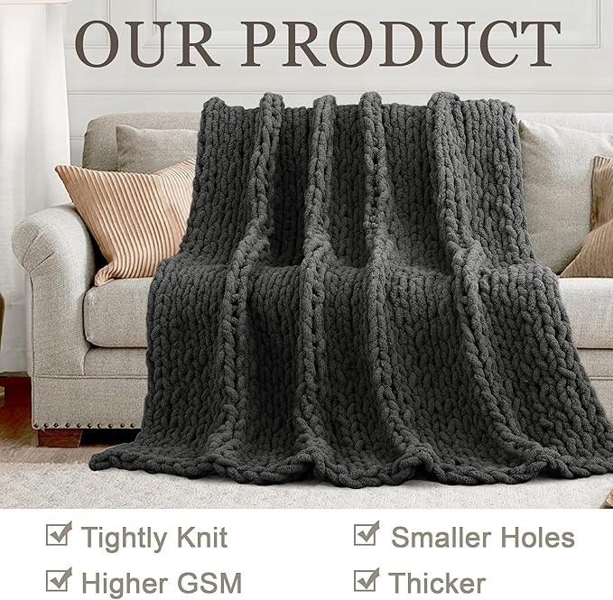 Chunky Knit Throw Blanket 50"X 60", 100% Handmade with Soft Chenille Yarn, 4.4lbs Thick Cable Knitted Blankets, Large Rope Knot Crochet Throws for Couch Sofa Bed Home Decor, Dark Grey