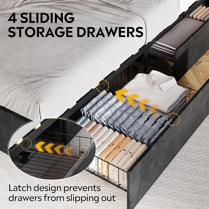 WLIVE Full Size Upholstered Bed Frame with 4 Storage Drawers and Headboard, Velvet Platform Bedframe, Sturdy Metal & Wooden Slats Support, No Box Spring Needed, Easy Assembly, Black