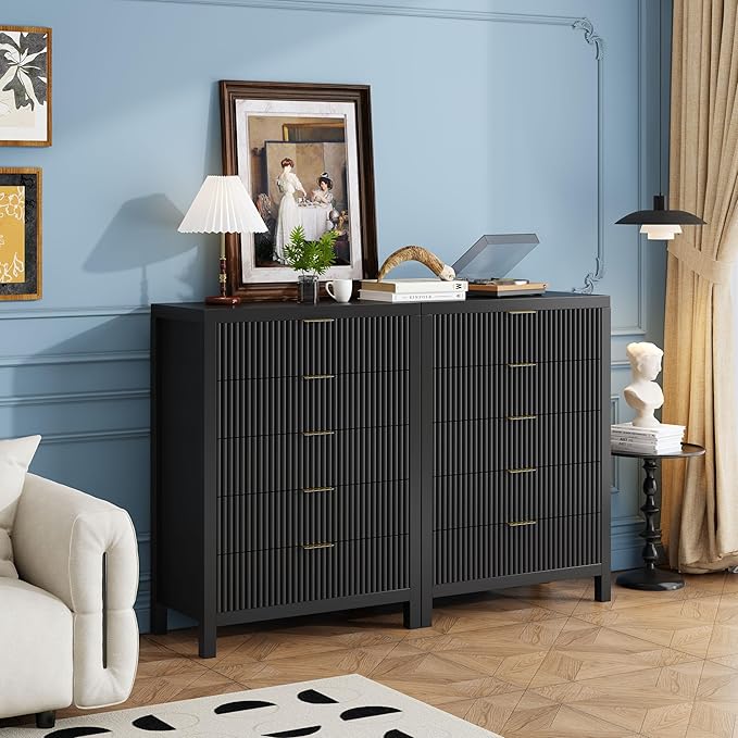 43" 5 Drawer Dresser Tall Dresser Organizer TV Drawer Cabinet Modern Wood Storage Cabinet, Modern Wood Storage Cabinet for Bedroom, Hallway, Entryway, Black