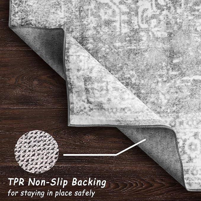 vivorug 9x12 Neutral Area Rugs, Stain Resistant Washable Rug for Living Room, Vintage-Inspired (Ivory/Silver, 9'x12')