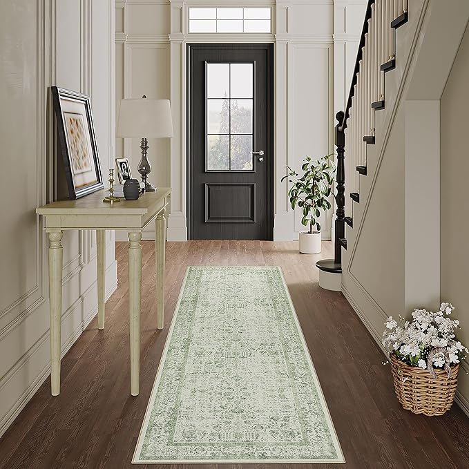 Runner Rug 2x6 Sage Green Hallway Washable Vintage Distressed Kitchen Carpet Non Slip Neutral Low Pile Retro Floral Farmhouse Long Throw Rug Entryway Bathroom Office Laundry Dining Room