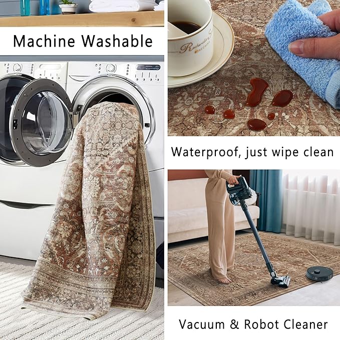 vivorug 9x12 Area Rugs for Living Room, Non Slip Machine Washable Vintage Rug, Ultra-Thin Lightweight Large Area Rug for Bedroom, Dining Room, Low Pile Brown Rug