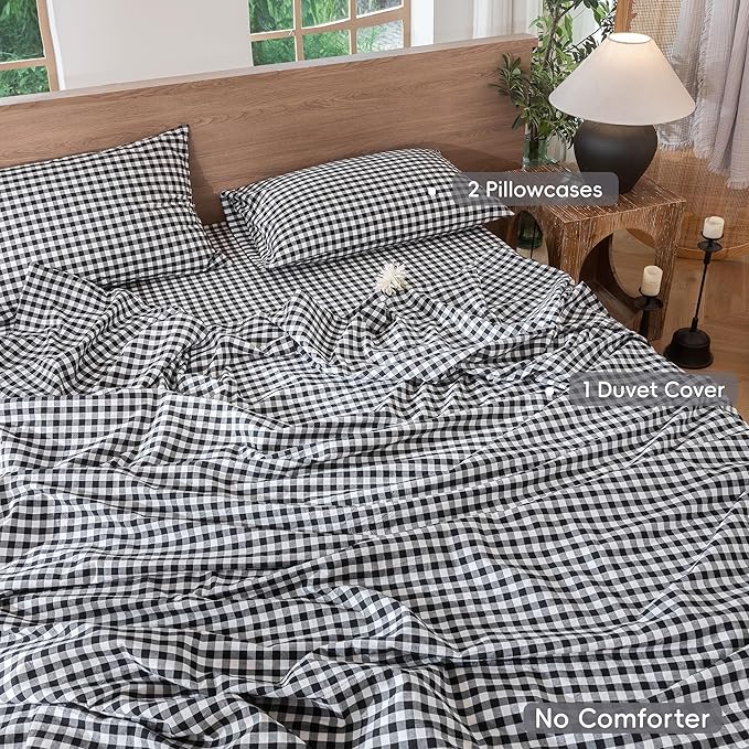 MooMee Gingham Duvet Cover Set 100% Washed Cotton Linen Like Textured Breathable Durable Soft Comfy Modern Checkered Design (Black White Gingham, Oversized Queen 98"x98")