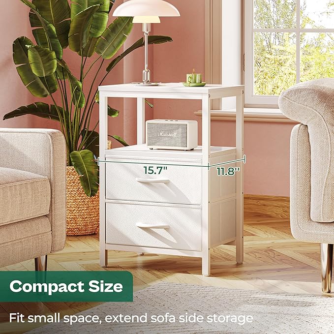 Huuger Nightstands Set of 2, End Tables with Charging Station, Side Tables with Fabric Drawers, Bedside Tables with USB Ports and Outlets, Night Stands, PU Leather, White