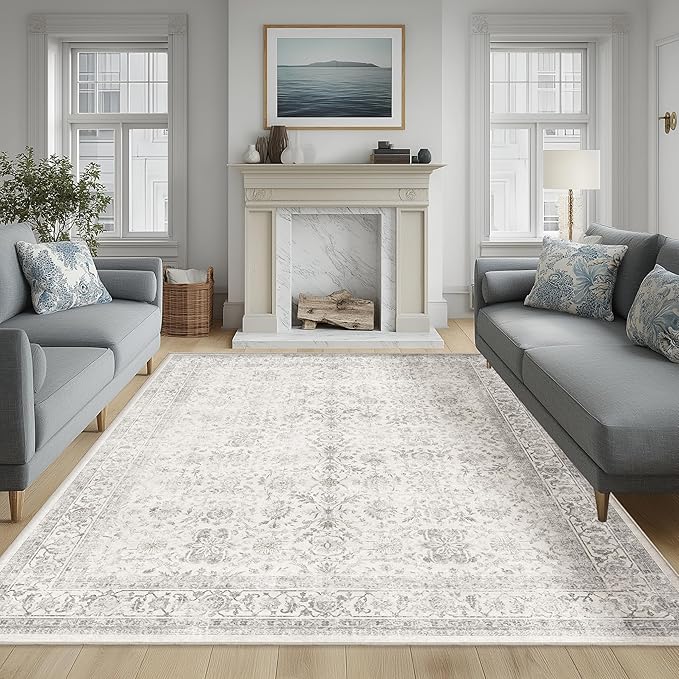 FMFUNCTEX 6x9 Washable Area Rug Grey Vintage Neutral Distressed Large Non Slip Carpet for Living Room Bedroom Soft Low Pile Indoor Mat Retro Floral Throw Rug for Dining Room Kitchen Office Nursery