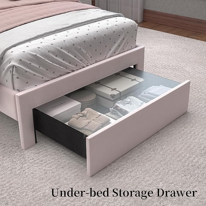 Twin LED Bed Frame with Storage Drawer, Velvet Upholstered Platform Beds with Galaxy Star Projector and Speaker, Aurora Bedframe with 2-Tier Storage Headboard for Small Bedroom Apartment, Pink