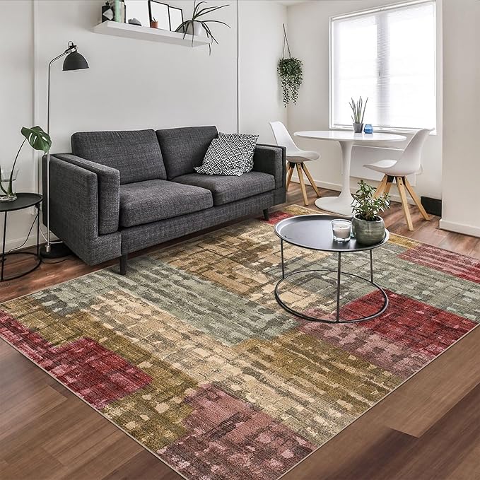 5x7 Area Rugs - Ultra-Thin Washable Rug with Non-Slip Backing, Ideal for Living Room, Bedroom, Kitchen Floor Carpet - Modern Abstract Style, Easy Clean, Durable, Low Pile Rug, Rainbow