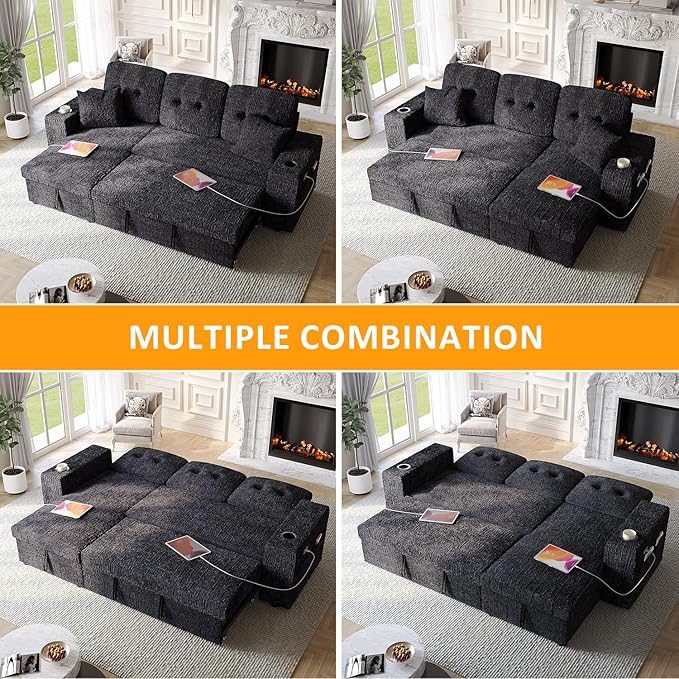 90 Inch Sleeper Sofa Bed, 4 in 1 Pull Out Couch Bed with Adjustable Backrest | Reversible Storage Chaise | Wide Armrest | Tool Free Assembly, Sectional Couches for Living Room, Navy Blue