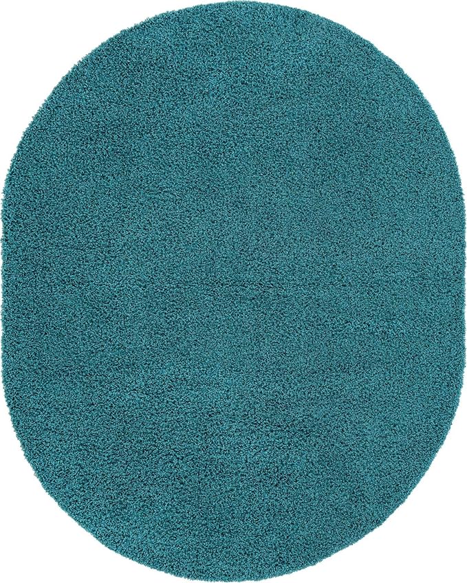 Unique Loom Solid Shag Collection Area Rug (8' x 10' Oval, Deep Aqua Blue)