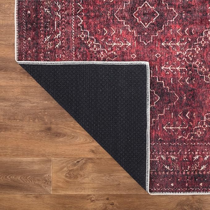 Bloom Rugs Washable Non-Slip 5' x 7' Rug - Dark Red Traditional Bordered Area Rug for Living Room, Bedroom, Dining Room, and Kitchen - Exact Size: 5' x 7'