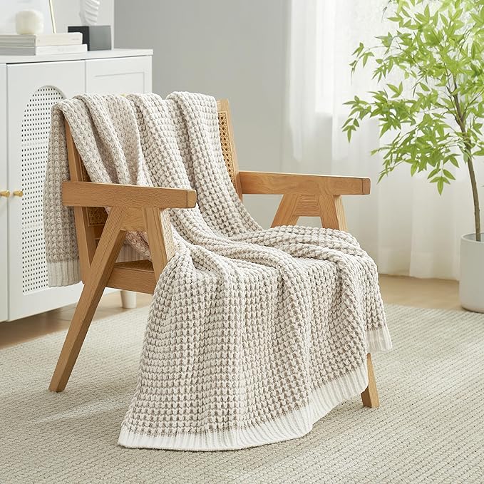 Amélie Home Waffle Chenille Throw Blanket for Couch, Pineapple Stitch Knit Soft Cozy Knit Blanket Decorative Throw for Sofa, Chair, 60"x80", Beige&Ivory