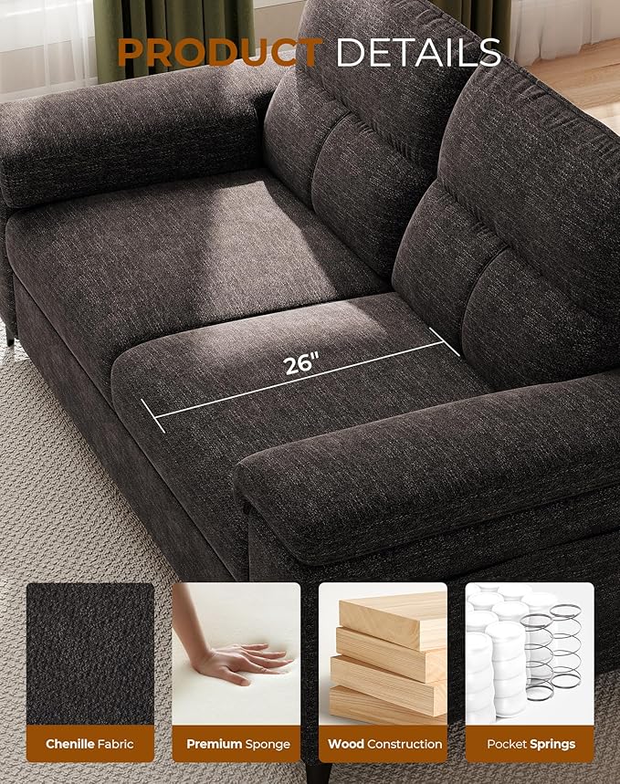 88.97" Modern Sofa Couch for Living Room, Deep Seat Sofa with 8”Cushion, Comfy 2-Seater Chenille Loveseat Sofa with Convertible Armrest, Removable Sofa Cover, High Leg (Dark Gray)