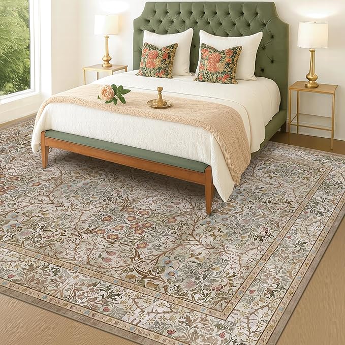 Vintage Moss Green Living Room Rug, 7x10 Washable Large Area Rugs for Bedroom, Dining Room Rugs Under Kitchen Table, Oriental Taupe Low Pile Stain Resistant Non-Slip