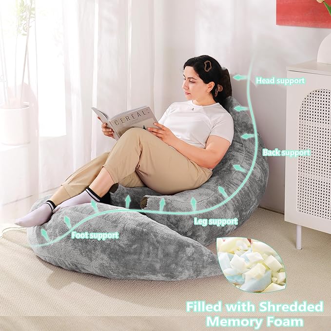 Banana Bean Bag Chair with Ottoman, Floor Sofa Bed with Footrest, Comfy Convertible Lounger for Teens & Adults, Plush Couch for Bedroom, Living Room or Dorm, M-Grey