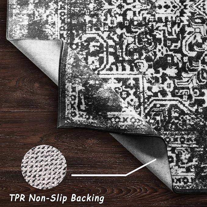 vivorug 4x6 Area Rugs, Stain Resistant Washable Rug for Living Room, Vintage-Inspired Black and White Rug