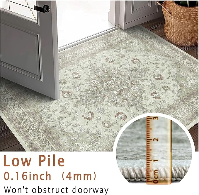 vivorug 3x5 Rug, Small Area Rug for Living Room, Bedroom, Kitchen, Machine Washable Non-Slip Throw Rug, Vintage Floral Carpet for Entryway Nursery Coffee Table - Durable (Sage Green)