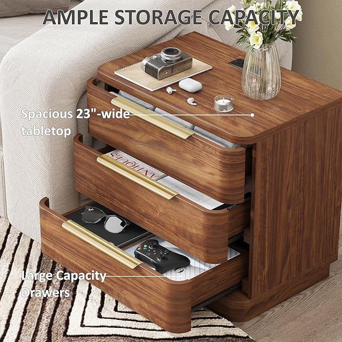 Nightstands Set of 2, Bedside Table with 3 Storage Drawers, 24" Tall Wood Night Stand with Charging Station, Modern Wide End Table Side Table W/Metal Handle Curved Profile for Bedroom
