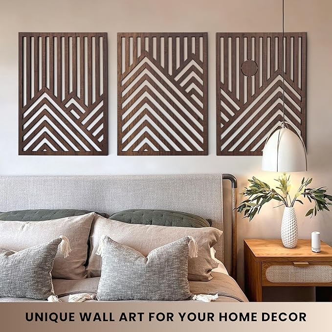 qmmp Modern Wooden Wall Sculptures - Set of 3 - Home Decor Accent - Large Wall Art for Living Room, Bedroom, Office - Easy Installation (Walnut, Large - Mountain and Sun, Unframed)