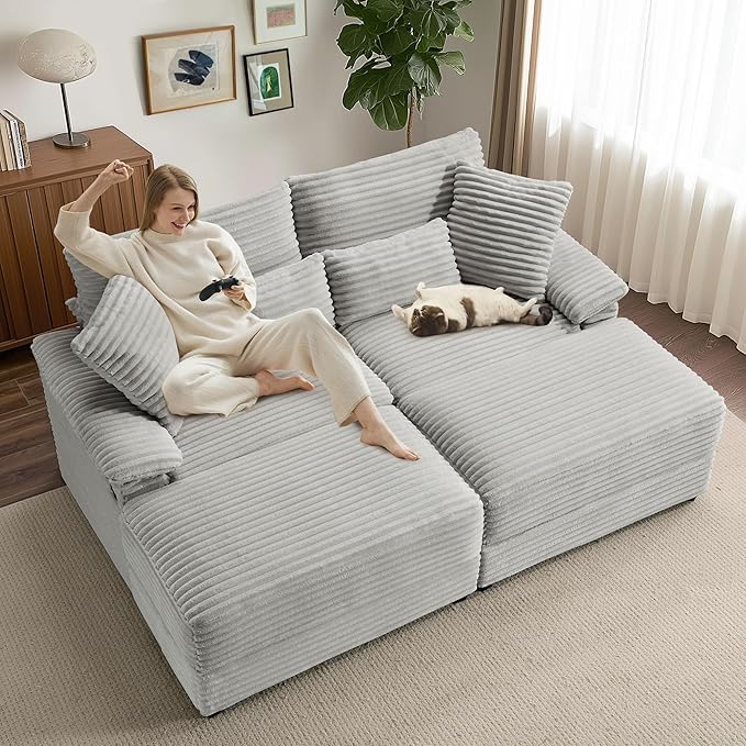 SUNWAVE 74" Double Chaise Lounge Chair Indoor, Oversized Loveseat with Removeable Ottoman, Corduroy Couch with USB Charging, Storage Ottoman, and Coffee Table Cushions for Living Room (2 Chaise Gray)