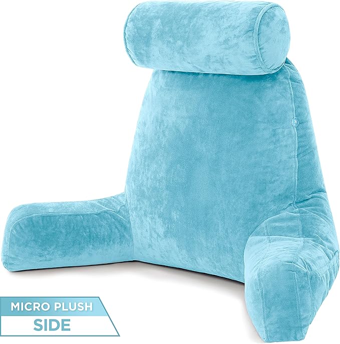 Husband Pillow XXL Reading & Bed Rest Pillows - Premium Memory Foam Backrest Pillow with Arms & Neck Roll - Aspen Edition Rodeo Blue - Reversible 2 Sided Cover with Plush Microfiber and Suede