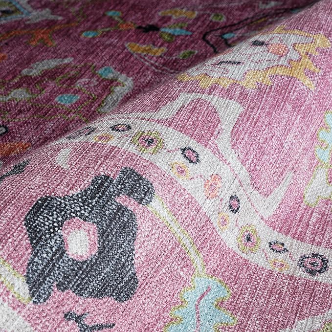 Fame Rugs Pink Modern Oushak Rug 2x3, Vintage Doormat Turkish Colorful Oriental Antique Inspired Washable Small Area Rug, Luxury Living Room Bedroom (995PP, 2' x 3')