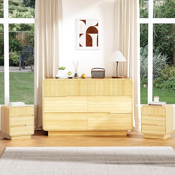 6 Drawer Dresser and 2 Nightstand Sets for Bedroom 3 Pcs Bedroom Set, Modern 47.2" Fluted Dresser with Invisible Handles Nightstand Charging Station, Bedroom Furniture Set for Living Room, Natural