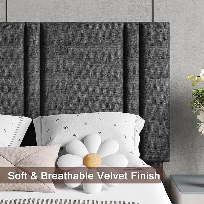Upholstered Twin Size Bed Frame with Linen Fabric Headboard, Strong Wooden Slats Support, Noise Free, No Box Spring Needed, Dark Grey