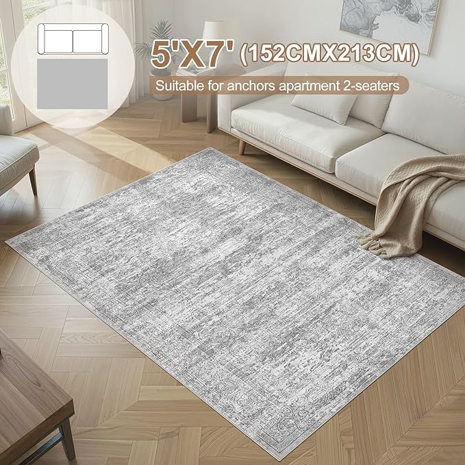 Area Rug Living Room Rugs - 5x7 Abstract Large Soft Indoor Washable Rug Neutral Modern Low Pile Carpet for Bedroom Dining Room Farmhouse Home Office - Vintage Grey