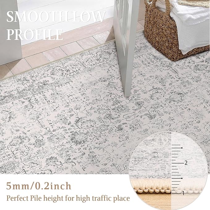 Grey Round Area Rug 8ft Entryway Door Mat Small Circle 8x8 Kitchen Vintage Carpet Non Slip Indoor Bedroom Washable Distressed Floral Retro Accent Throw Rug Office Bathroom