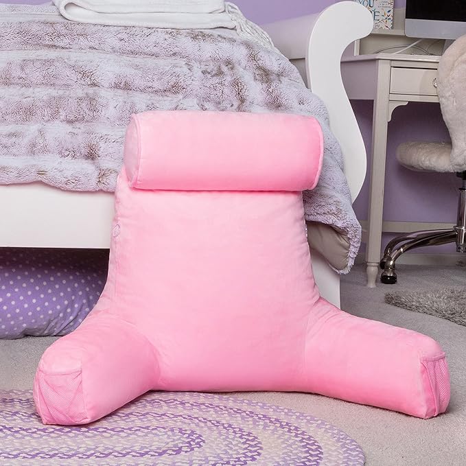 Husband Pillow Medium Pink, Backrest for Kids, Teens, Petite Adults - Reading Pillows with Arms, Adjustable Loft, Plush Memory Foam, Bed Rest Chair for Sitting Up, Detach Neck Roll, Removable Cover