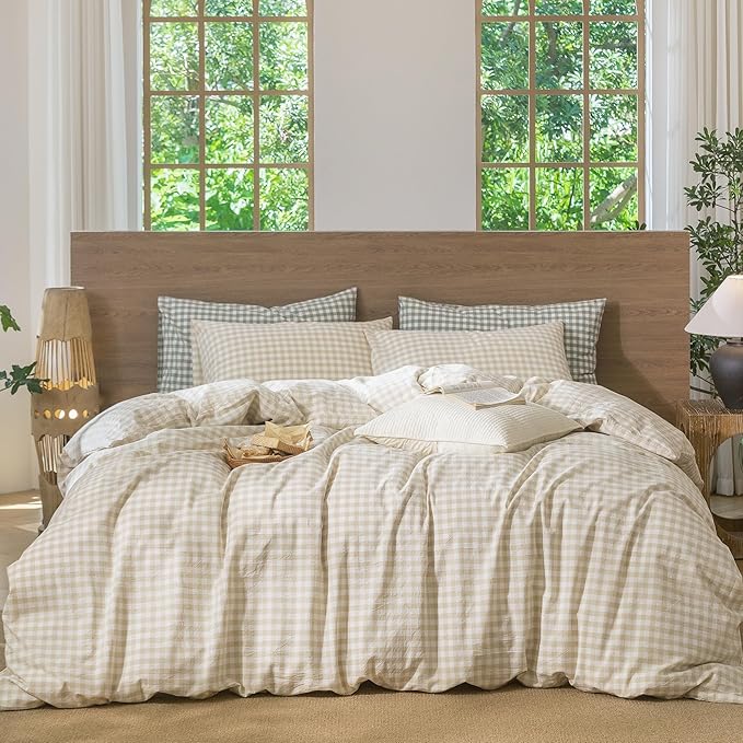 MooMee Gingham Duvet Cover Set 100% Washed Cotton Linen Like Textured Breathable Durable Soft Comfy Modern Checkered Design (Almond Milk Grey Gingham, King 104"x90")