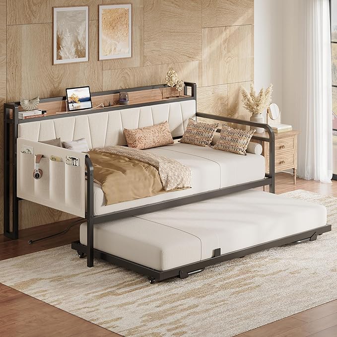 LIKIMIO Daybed with Trundle Bed, Twin XL Bed Frame with Storage Headboard and Charging Station, Sofa Day Bed with Strong Supports for Living Room, Bedroom, and Guest Room, Beige