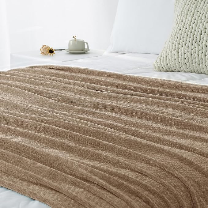 Chenille Throw Blanket for Couch 60"X 80" Twin, Soft Cozy Throws with Fringe Tassel for Bed Sofa Chair Cover, Lightweight Knitted Decorative Boho Blankets for Living Room, Taupe