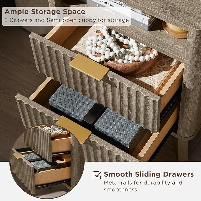 T4TREAM Fluted Nightstand with Charging Station, 18" Modern Side Table with 2 Drawers, End Table w/Storage, Bedside for Bedroom, Living Room, Curved Profile Design, Grey Alder
