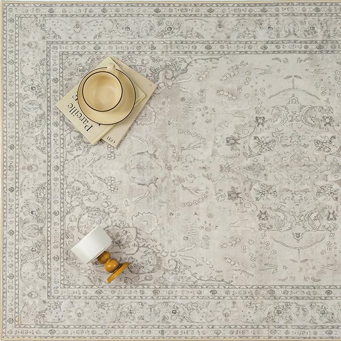Beige 4x6 Area Rug Washable Vintage Carpet for Office Living Room Soft Retro Floral Low Pile Thin Indoor Rug Non Slip Central Medallion Floor Cover for Bedroom Kitchen Dining Room