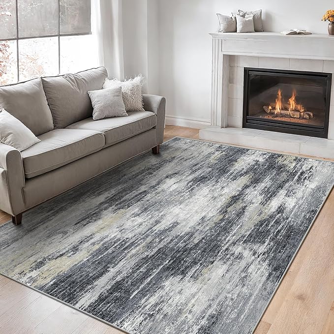 AMADA HOMEFURNISHING 6x9 Washable Area Rug, Modern Abstract Living Room Rug with Non-Slip Backing & Low Pile, Large Rug with Abstract Pattern for Living Room, Bedroom and Dinning Room, Light Grey