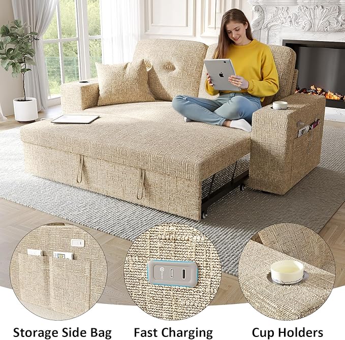 63 Inch Sleeper Sofa Bed, 4 in 1 Pull Out Couch Bed with Adjustable Backrest, Small Loveseat with Wide Armrest | USB Charging | Side Pockets | Cup Holders | Tool Free Assembly, Khaki Chenille