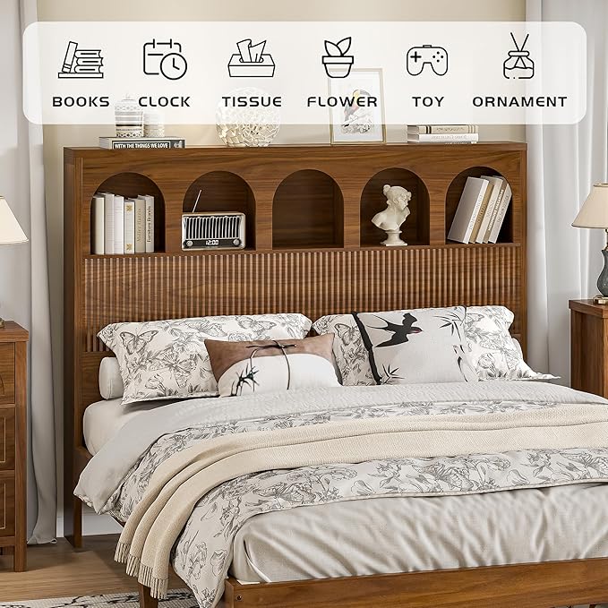 Queen Bed Frame with Storage Headboard 5 Arched Storage Compartments, 12.4 Inch Farmhouse Wooden Queen Bed Frame, No Box Spring Needed, No Noise (Walnut)