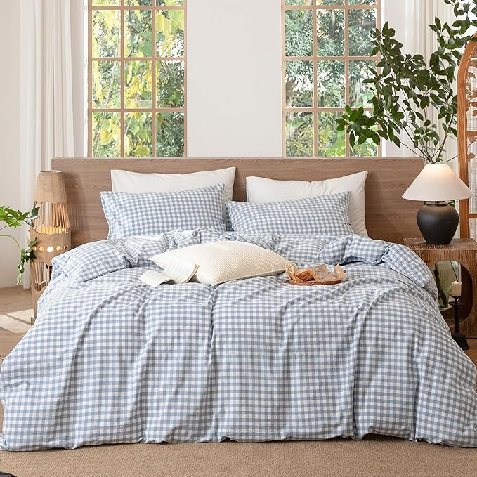 MooMee Gingham Duvet Cover Set 100% Washed Cotton Linen Like Textured Breathable Durable Soft Comfy Modern Checkered Design (Classic Gingham Cornflower Blue, Super King 108"x98")