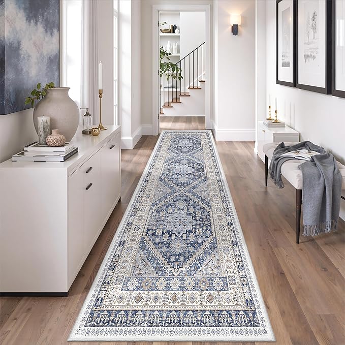 zesthome Washable Runner Rug 2.5x8 - Stain Resistant Entryway Rug,Ultra-Thin Kitchen Rugs, Anti Slip Backing Runner Rugs for Entrance Laundry Room Indoor Hallway (Blue/Beige,2.5'x8')