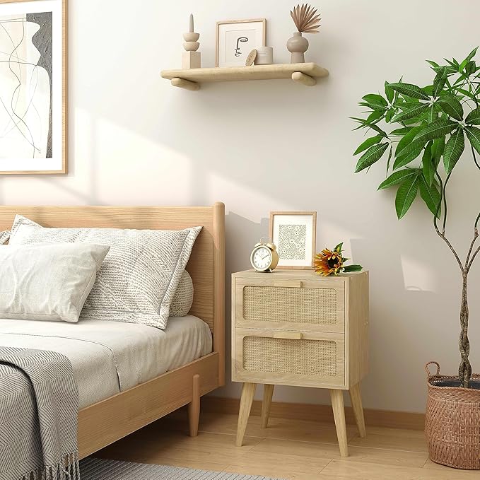 Rattan Nightstand,Boho Bedside with Storage,End Table,Side Table with 2 Hand Made Rattan Decorated Drawers for Small Space,Livingroom,Bedroom,Natural 11.8" D x 16" W x 22.4" H CTG59Y