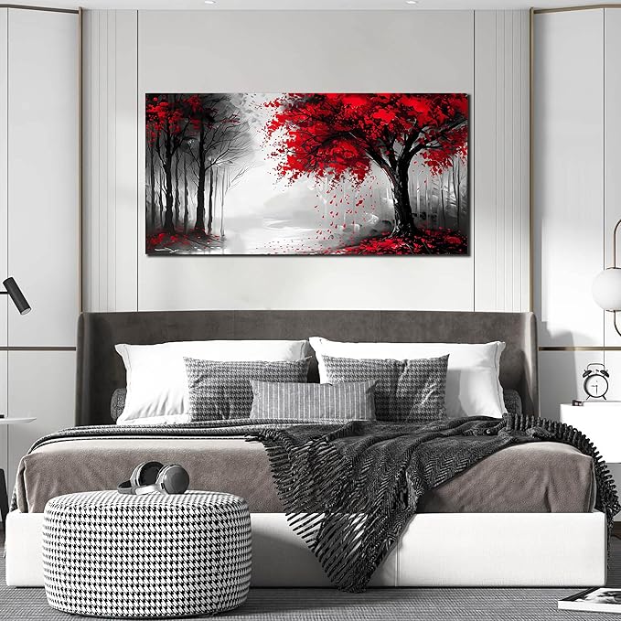 Large Canvas Wall Art for Living Room Black White and Red Forest Print Pictures Painting Framed Wall Decor for Bedroom Modern Home Plant Scenery Wall Decorations Artwork Size 24x48 Ready to Hang