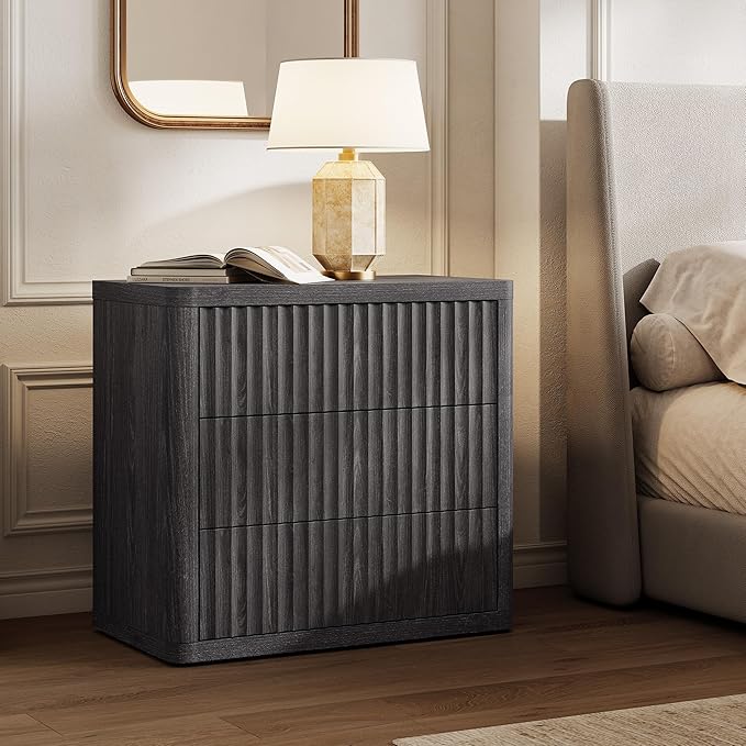 SICOTAS Night Stand Set 2 - Oversized Extra Large Bedside Table Modern Side Table with Storage Fluted 3 Drawer Nightstand 27.5" W End Tables Dorm Room Nightstands for Bedroom Sofa Couch Home Office