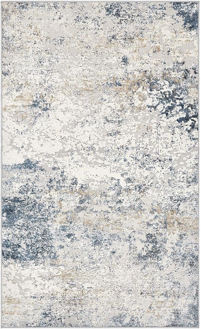 Washable Area Rug: 3x5 ft Abstract Small Rugs for Entryway Kitchen Living Room Bedroom - Non Slip Modern Neutral Carpet Indoor Front Door - Beige Blue