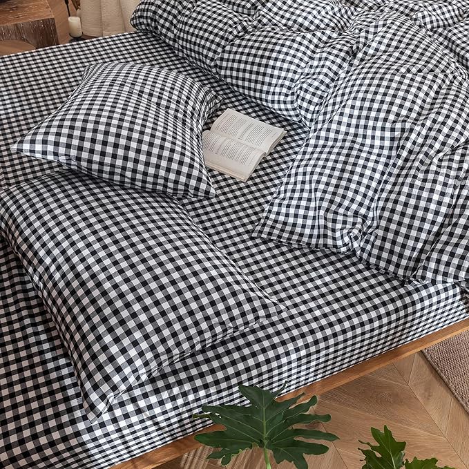MooMee Gingham Duvet Cover Set 100% Washed Cotton Linen Like Textured Breathable Durable Soft Comfy Modern Checkered Design (Black White Gingham, Palatial King/Oversized King 120"x98")