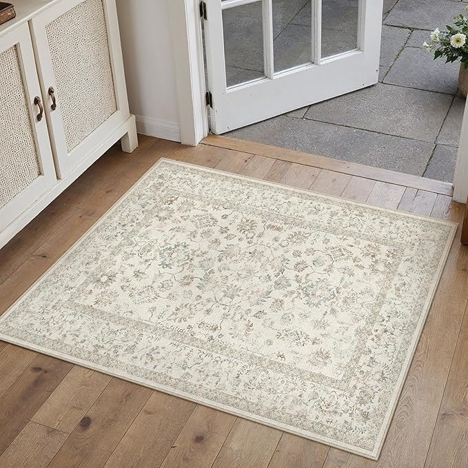 2x3 Taupe Entryway Area Rug Machine Washable Door Mat Kitchen Vintage Distressed Non Slip Carpet Indoor Retro Floral Accent Throw Small Rug for Bathroom Office Bedroom Living Dining Room