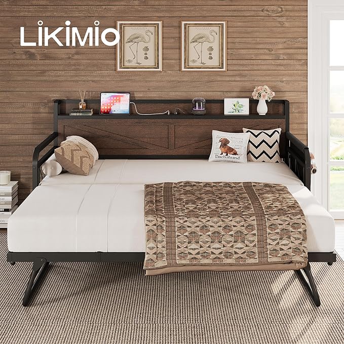 LIKIMIO Twin Daybed with Trundle Bed, Storage Headboard with Charging Station, Sofa Day Bed with Strong Supports for Living Room, Bedroom, and Guest Room, Dark Brown