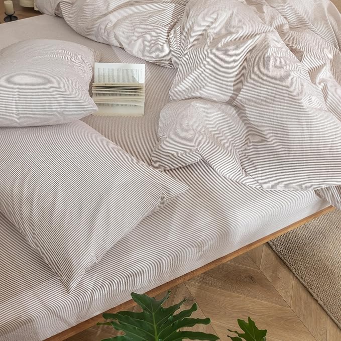MooMee Striped Duvet Cover Set 100% Washed Cotton Linen Like Textured Breathable Durable Soft Comfy (Orange Pinstripes, King 104"x90")